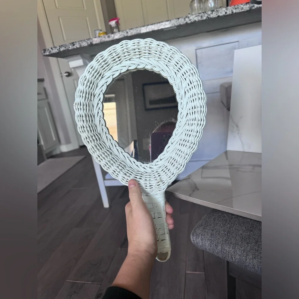 Vintage White Wicker Hand Mirror